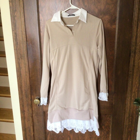 Women's Patchwork Floral Lace Sweatshirt Dress in Khaki sz small - Picture 5 of 9